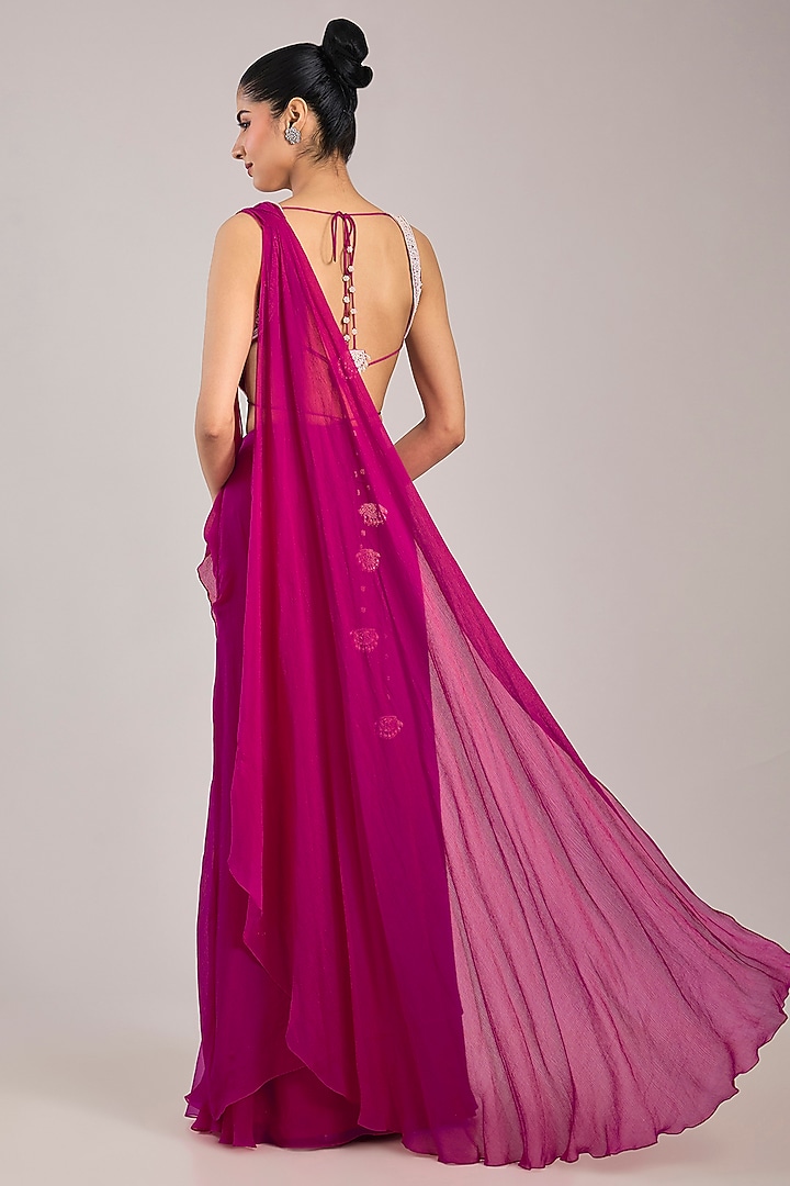 Fuchsia Chiffon Draped Reception Saree Set by Ridhi Mehra at Pernia's Pop Up Shop