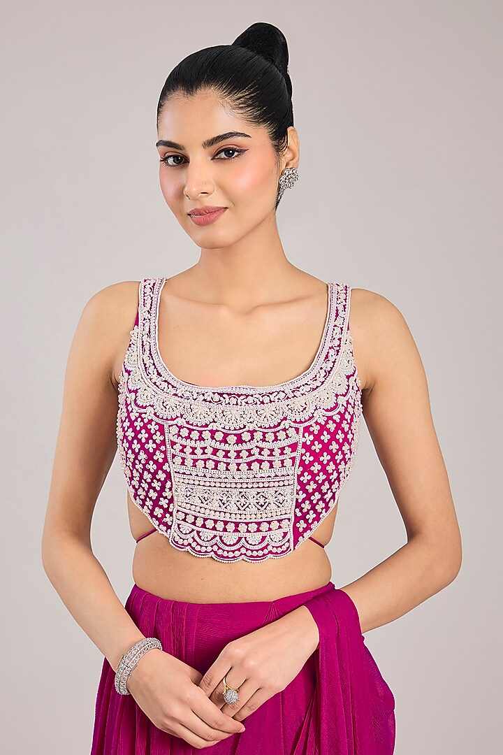Fuchsia Chiffon Draped Reception Saree Set by Ridhi Mehra at Pernia's Pop Up Shop