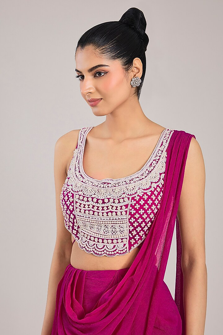 Fuchsia Chiffon Draped Reception Saree Set by Ridhi Mehra at Pernia's Pop Up Shop