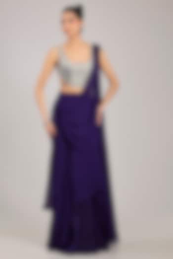 Purple Chiffon Draped Reception Saree Set by Ridhi Mehra at Pernia's Pop Up Shop