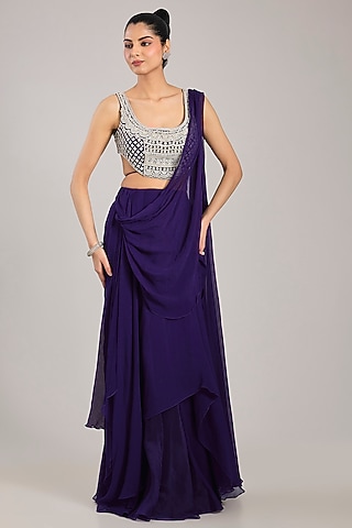Purple Chiffon Draped Saree Set by Ridhi Mehra