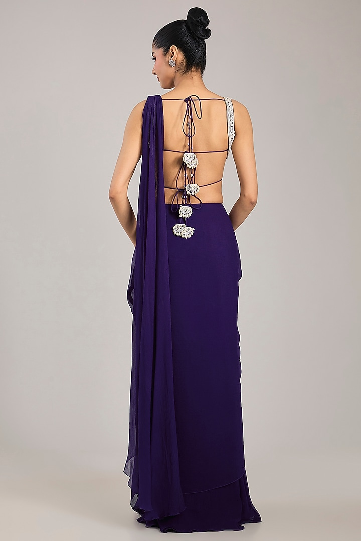 Purple Chiffon Draped Reception Saree Set by Ridhi Mehra at Pernia's Pop Up Shop
