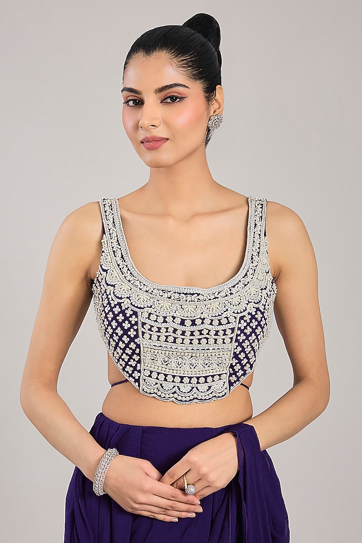 Purple Chiffon Draped Reception Saree Set by Ridhi Mehra at Pernia's Pop Up Shop