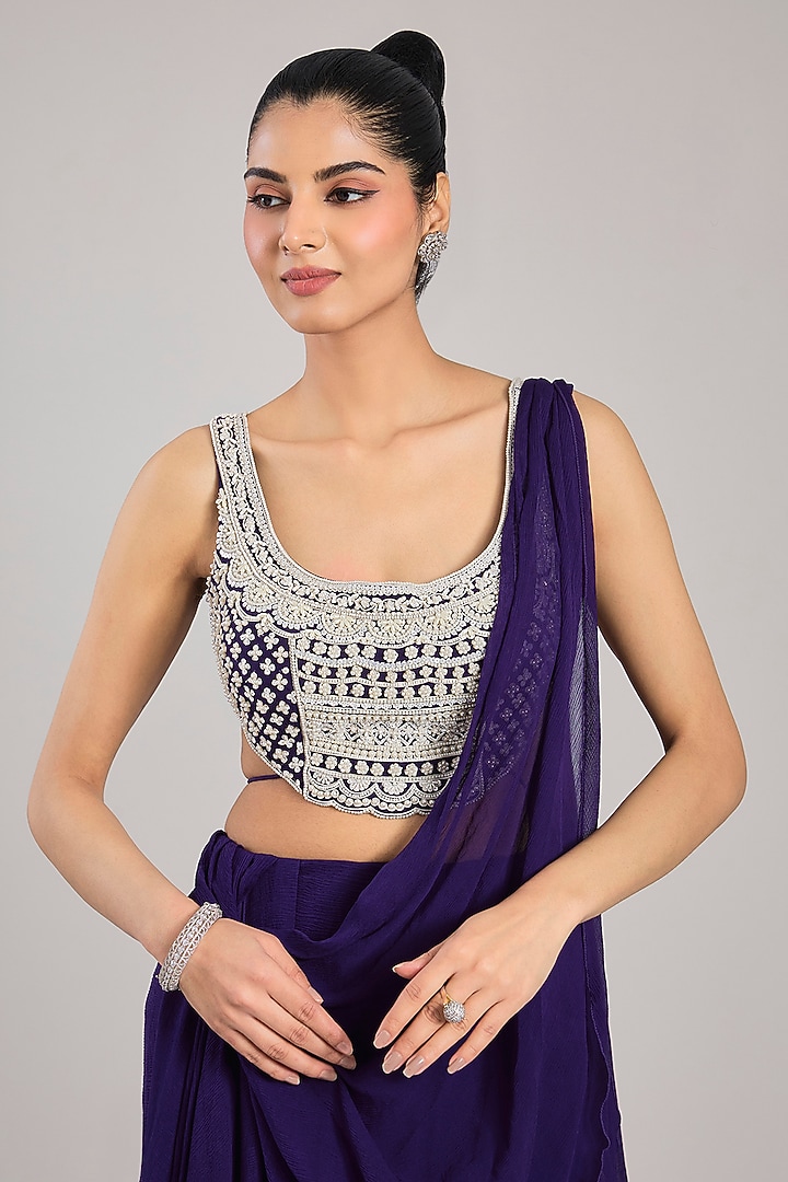 Purple Chiffon Draped Reception Saree Set by Ridhi Mehra at Pernia's Pop Up Shop