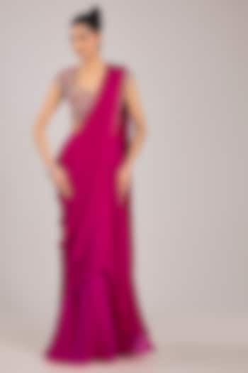 Fuchsia Chiffon Draped Reception Saree Set by Ridhi Mehra at Pernia's Pop Up Shop