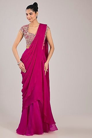 Fuchsia Chiffon Draped Saree Set by Ridhi Mehra