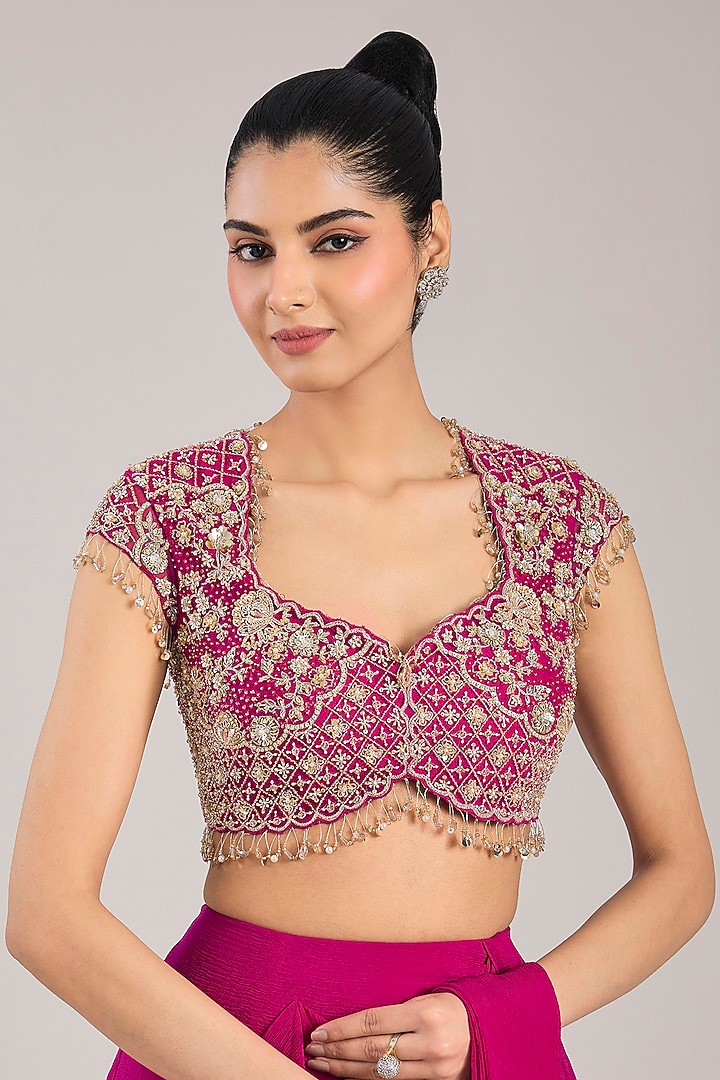 Fuchsia Chiffon Draped Reception Saree Set by Ridhi Mehra at Pernia's Pop Up Shop
