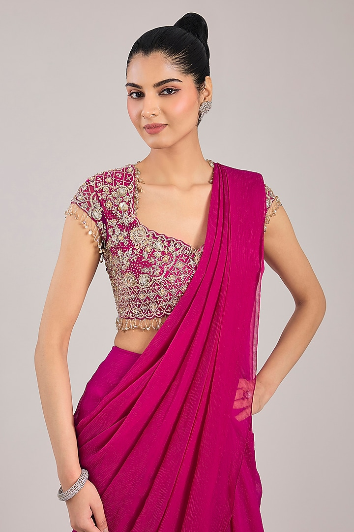 Fuchsia Chiffon Draped Reception Saree Set by Ridhi Mehra at Pernia's Pop Up Shop