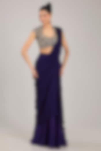 Purple Chiffon Draped Reception Saree Set by Ridhi Mehra at Pernia's Pop Up Shop