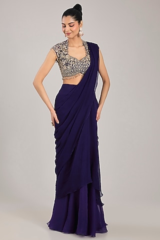 Purple Chiffon Draped Saree Set by Ridhi Mehra
