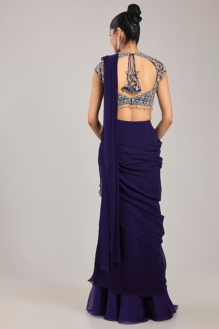Purple Chiffon Draped Reception Saree Set by Ridhi Mehra at Pernia's Pop Up Shop