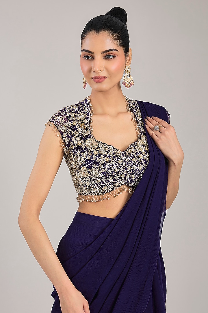 Purple Chiffon Draped Reception Saree Set by Ridhi Mehra at Pernia's Pop Up Shop