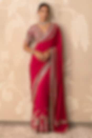 Fuchsia Silk Embroidered Bridal Saree Set by Ridhi Mehra at Pernia's Pop Up Shop