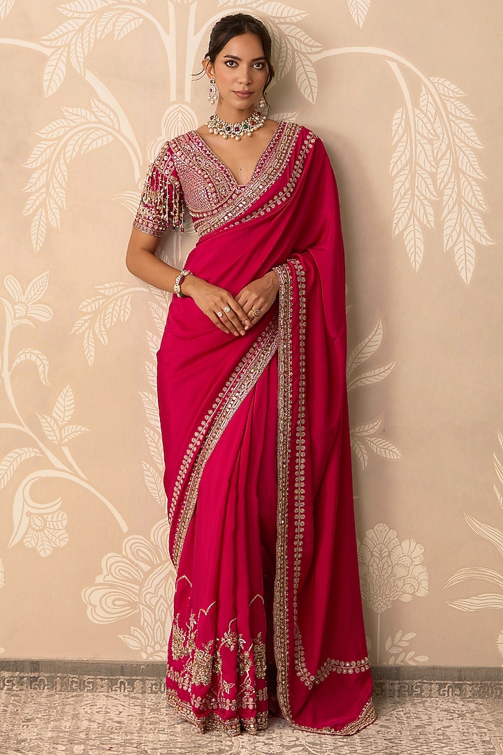 Fuchsia Silk Embroidered Bridal Saree Set by Ridhi Mehra at Pernia's Pop Up Shop