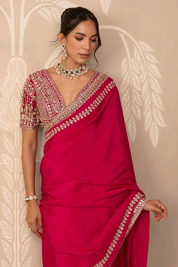 Fuchsia Silk Embroidered Bridal Saree Set by Ridhi Mehra at Pernia's Pop Up Shop