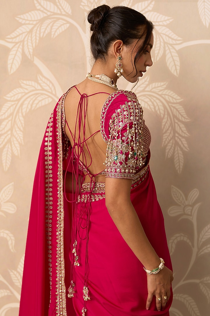 Fuchsia Silk Embroidered Bridal Saree Set by Ridhi Mehra at Pernia's Pop Up Shop