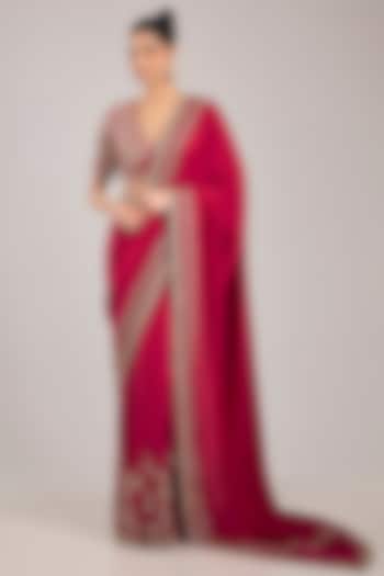 Red Silk Embroidered Bridal Saree Set by Ridhi Mehra at Pernia's Pop Up Shop