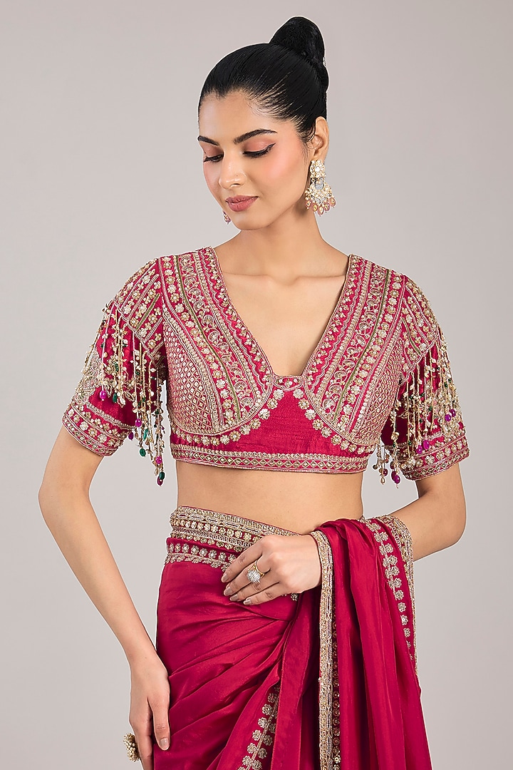 Red Silk Embroidered Bridal Saree Set by Ridhi Mehra at Pernia's Pop Up Shop