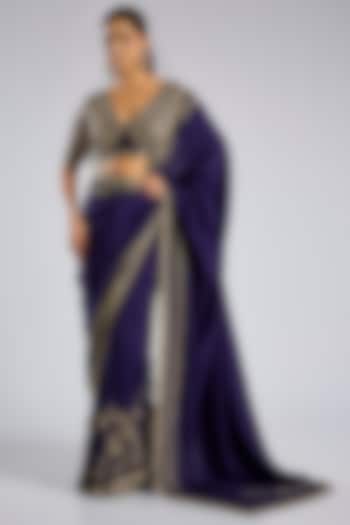 Purple Silk Embroidered Bridal Saree Set by Ridhi Mehra at Pernia's Pop Up Shop