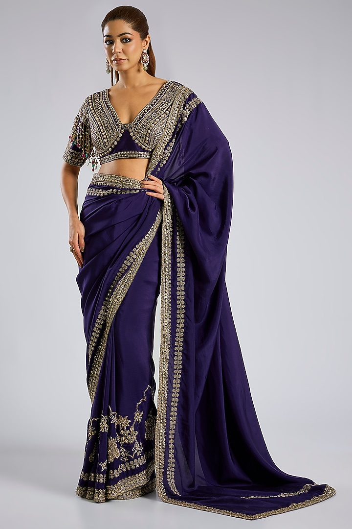 Purple Silk Embroidered Bridal Saree Set by Ridhi Mehra at Pernia's Pop Up Shop