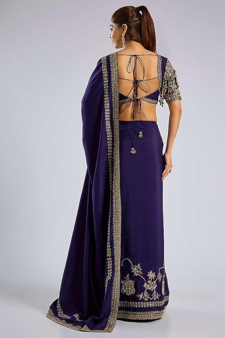 Purple Silk Embroidered Bridal Saree Set by Ridhi Mehra at Pernia's Pop Up Shop