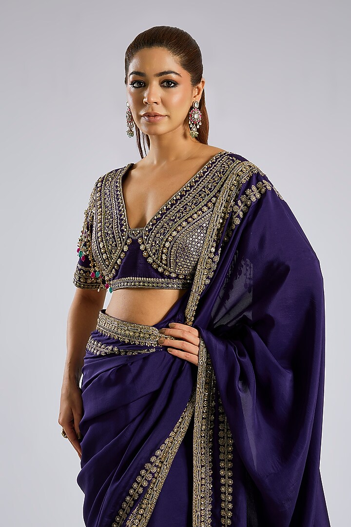 Purple Silk Embroidered Bridal Saree Set by Ridhi Mehra at Pernia's Pop Up Shop