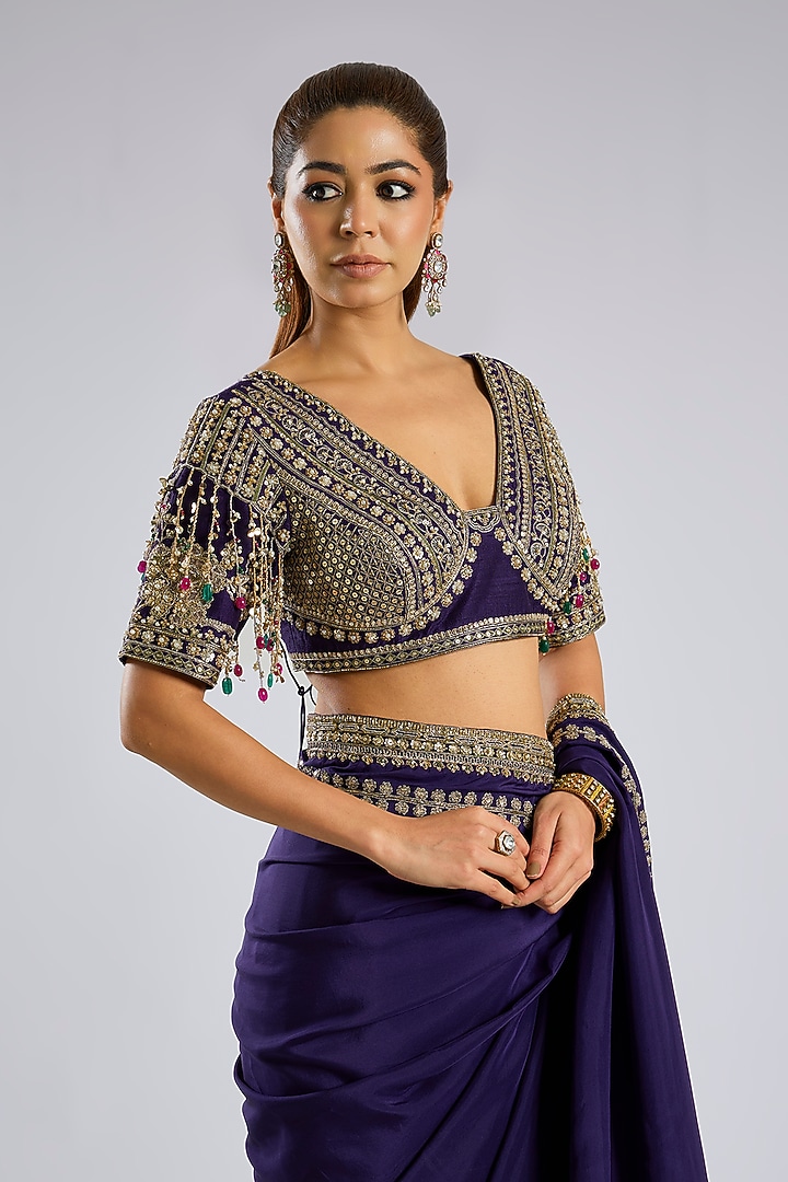 Purple Silk Embroidered Bridal Saree Set by Ridhi Mehra at Pernia's Pop Up Shop