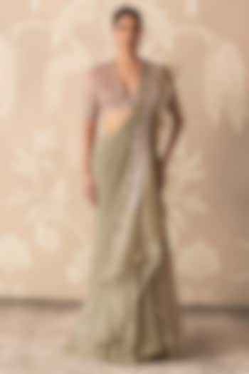 Sage Green Chiffon Embroidered Draped Reception Saree Set by Ridhi Mehra at Pernia's Pop Up Shop