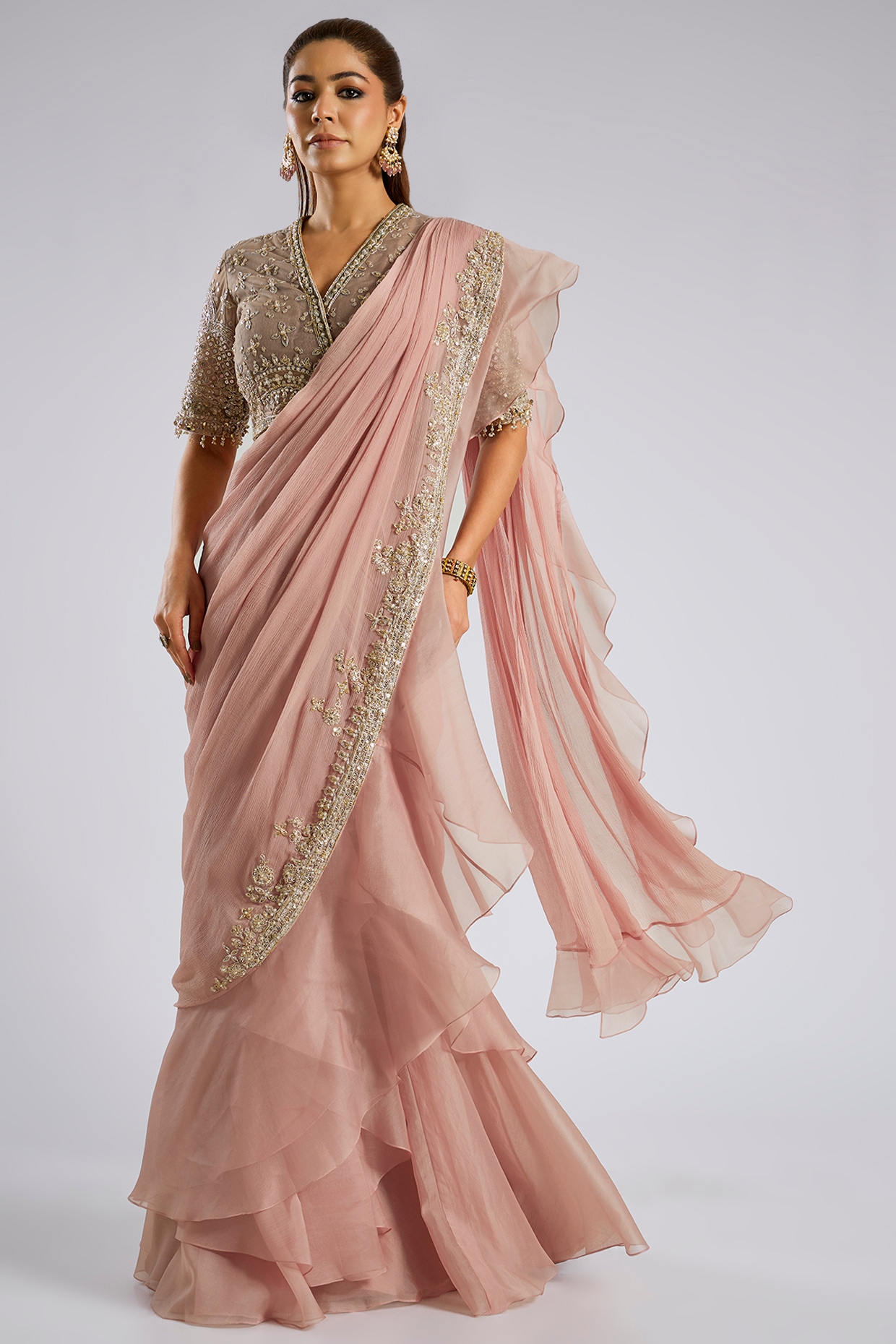 Ridhi Mehra Dusky Pink Chiffon Draped Ruffled Saree Set