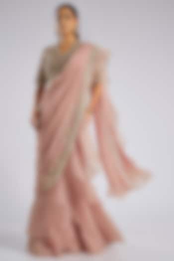 Dusky Pink Chiffon Draped Ruffled Reception Saree Set by Ridhi Mehra at Pernia's Pop Up Shop