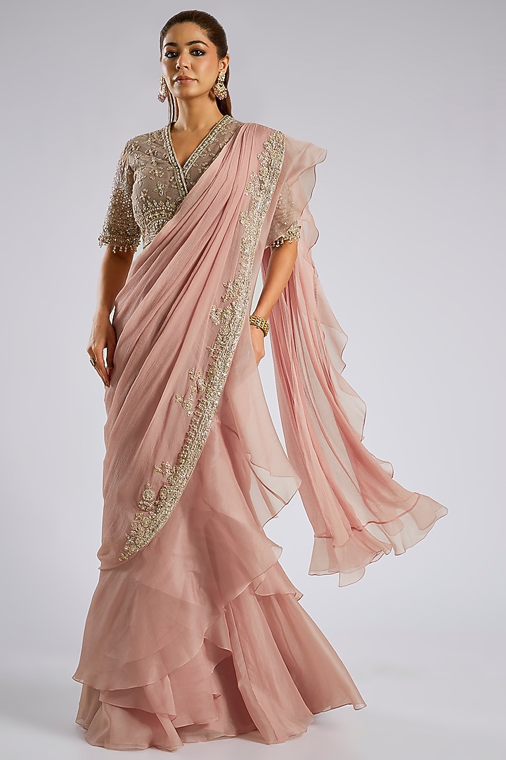 Dusky Pink Chiffon Draped Ruffled Reception Saree Set by Ridhi Mehra at Pernia's Pop Up Shop