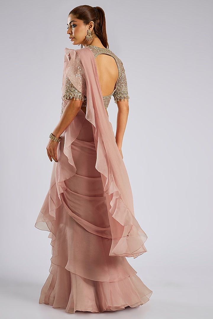 Dusky Pink Chiffon Draped Ruffled Reception Saree Set by Ridhi Mehra at Pernia's Pop Up Shop