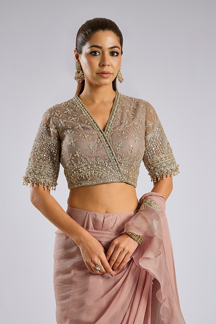 Dusky Pink Chiffon Draped Ruffled Reception Saree Set by Ridhi Mehra at Pernia's Pop Up Shop