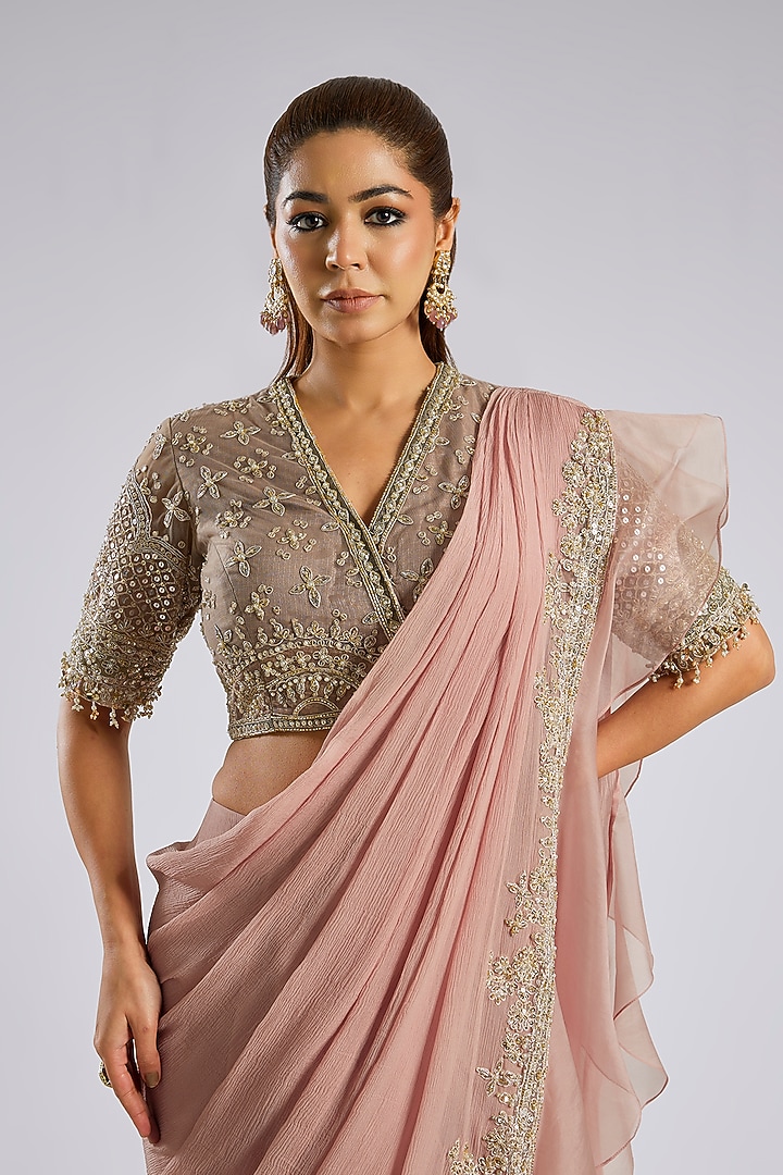 Dusky Pink Chiffon Draped Ruffled Reception Saree Set by Ridhi Mehra at Pernia's Pop Up Shop