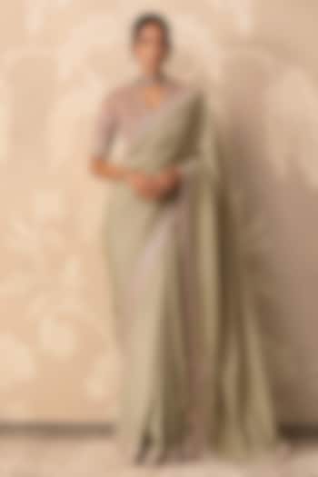Sage Green Silk Embroidered Reception Saree Set by Ridhi Mehra at Pernia's Pop Up Shop