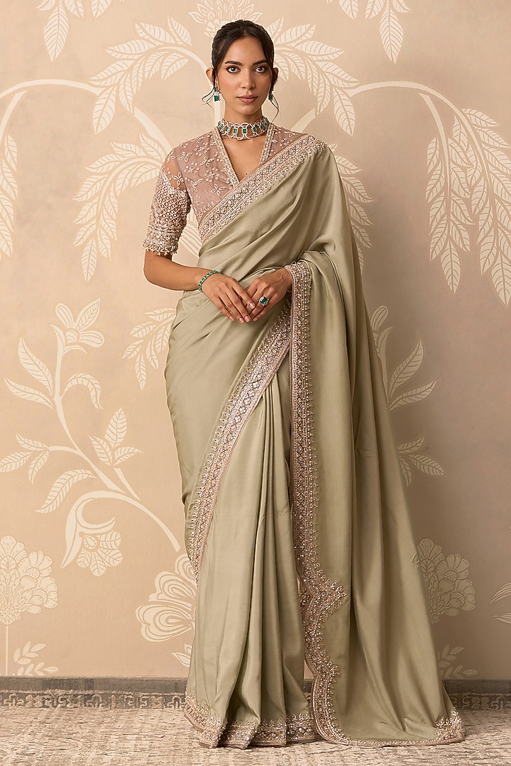Sage Green Silk Embroidered Reception Saree Set by Ridhi Mehra at Pernia's Pop Up Shop