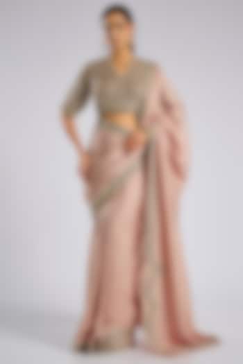 Dusky Pink Silk Embroidered Reception Saree Set by Ridhi Mehra at Pernia's Pop Up Shop