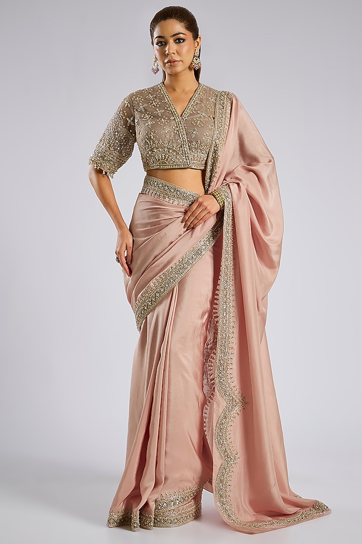 Dusky Pink Silk Embroidered Reception Saree Set by Ridhi Mehra at Pernia's Pop Up Shop