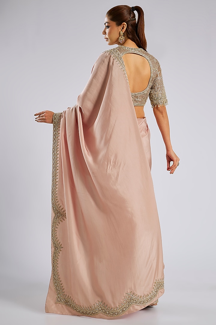 Dusky Pink Silk Embroidered Reception Saree Set by Ridhi Mehra at Pernia's Pop Up Shop