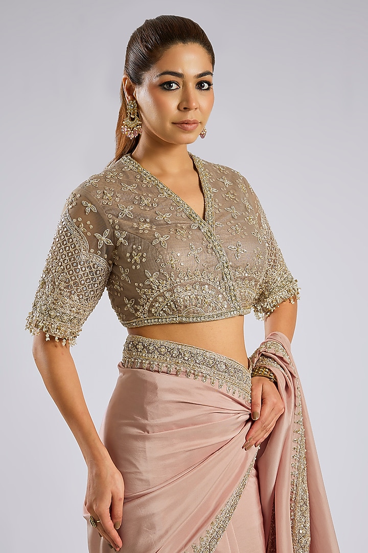 Dusky Pink Silk Embroidered Reception Saree Set by Ridhi Mehra at Pernia's Pop Up Shop