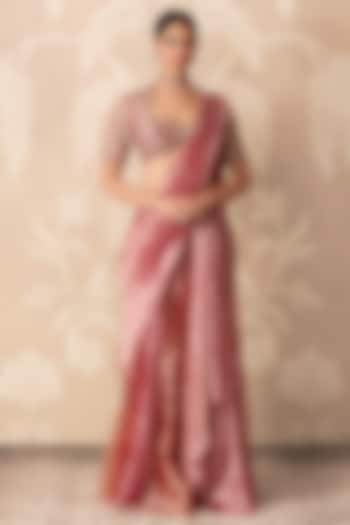 Fuchsia Gold Tissue Pre-Stitched Draped Reception Saree Set by Ridhi Mehra at Pernia's Pop Up Shop