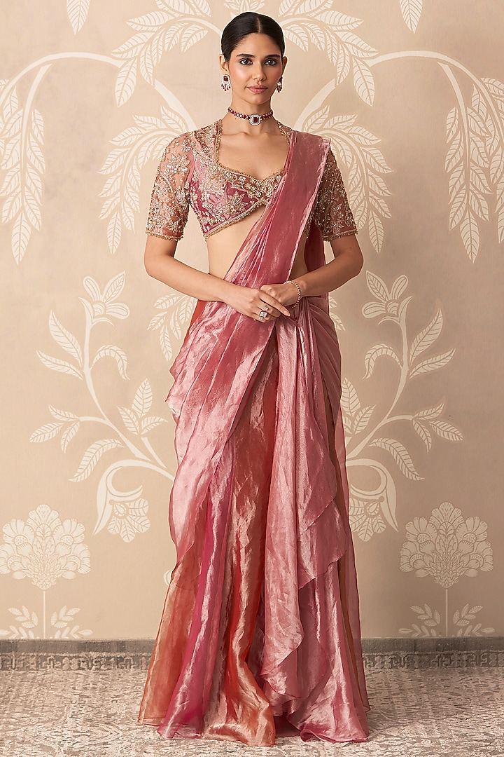 Fuchsia Gold Tissue Pre-Stitched Draped Reception Saree Set by Ridhi Mehra at Pernia's Pop Up Shop