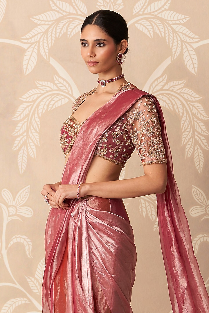 Fuchsia Gold Tissue Pre-Stitched Draped Reception Saree Set by Ridhi Mehra at Pernia's Pop Up Shop