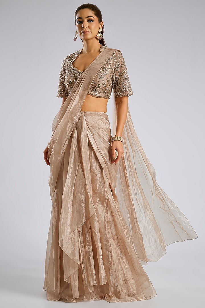 Gunmetal Gold Tissue Draped Reception Saree Set by Ridhi Mehra at Pernia's Pop Up Shop