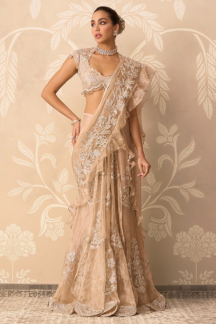 Gunmetal Gold Tissue Skirt Bridal Saree Set by Ridhi Mehra at Pernia's Pop Up Shop