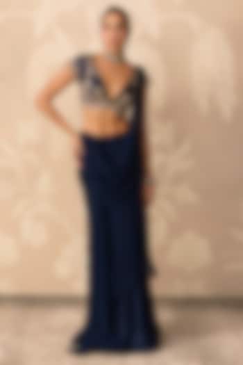 Navy Blue Chiffon Stitched Draped Reception Saree Set by Ridhi Mehra at Pernia's Pop Up Shop