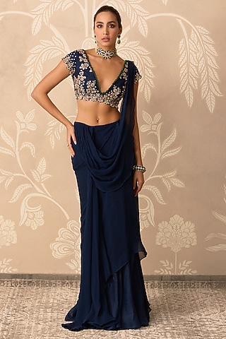 Navy Blue Chiffon Stitched Draped Saree Set by Ridhi Mehra