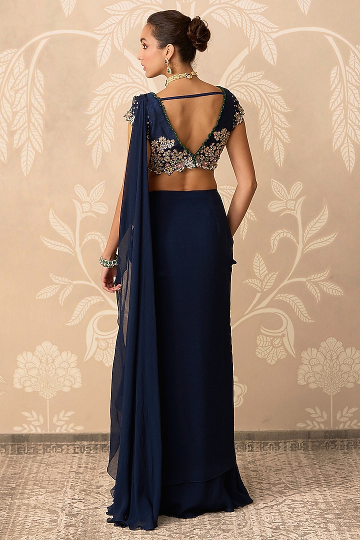Navy Blue Chiffon Stitched Draped Reception Saree Set by Ridhi Mehra at Pernia's Pop Up Shop