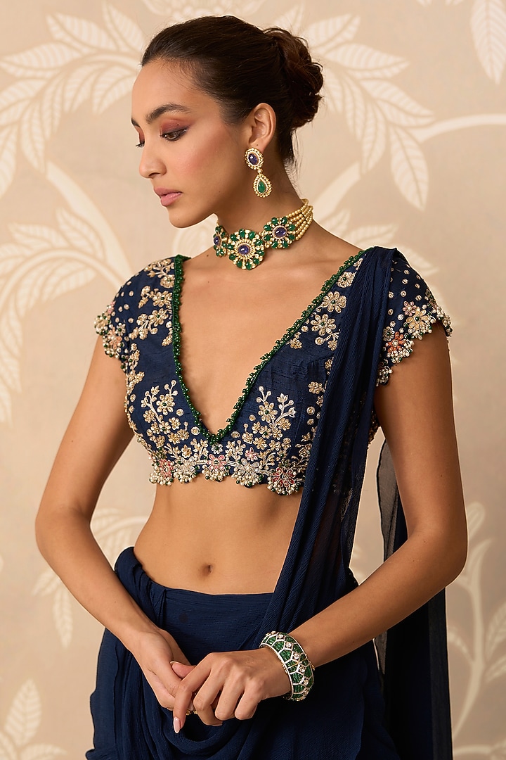 Navy Blue Chiffon Stitched Draped Reception Saree Set by Ridhi Mehra at Pernia's Pop Up Shop