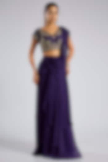 Purple Chiffon Draped Reception Saree Set by Ridhi Mehra at Pernia's Pop Up Shop